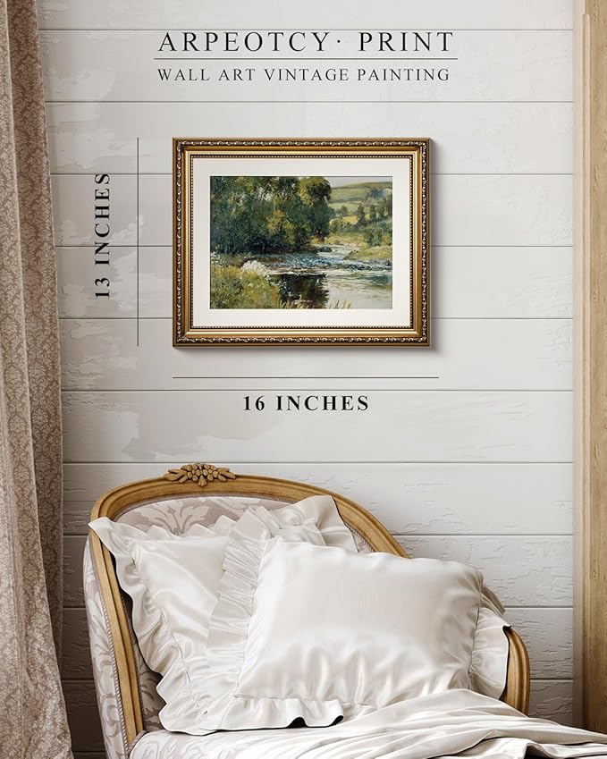 ARPEOTCY Vintage Gold Framed Wall Art, Nature Streamside Retro Paintings, Canvas Prints Artwork with Antique Frame, Victorian Wall Pictures Decor for Living Room Gallery Room 13x16 inch