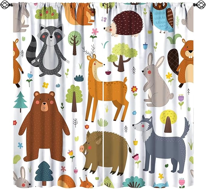 Forest Animals Kids Blackout Curtains Cartoon Cute Bear Deer Squirrel Owl Hedgehog Modern Art Print for Boys Girls Bedroom Living Room Nursery Rod Pocket Decoration Window Drapes 2 Panels W26xL84in