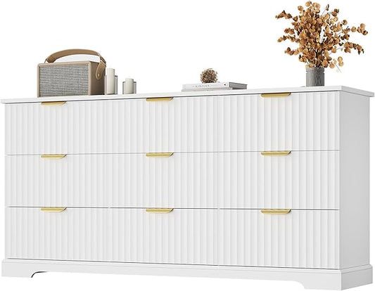 Fluted Dresser with 9 Drawers for Bedroom, 63" Wide Dresser with Metal Handle, Wooden Chest of Drawers for Bedroom, Living Room, Entryway, White