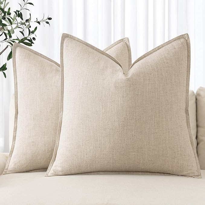 MIULEE Decorative Linen Pillow Covers 18x18 Inch Natural Beige Boho Farmhouse Neutral Christmas Couch Throw Pillows for Bed Pack of 2 Accent Modern Pillowcase Sofa Livingroom Home Decor