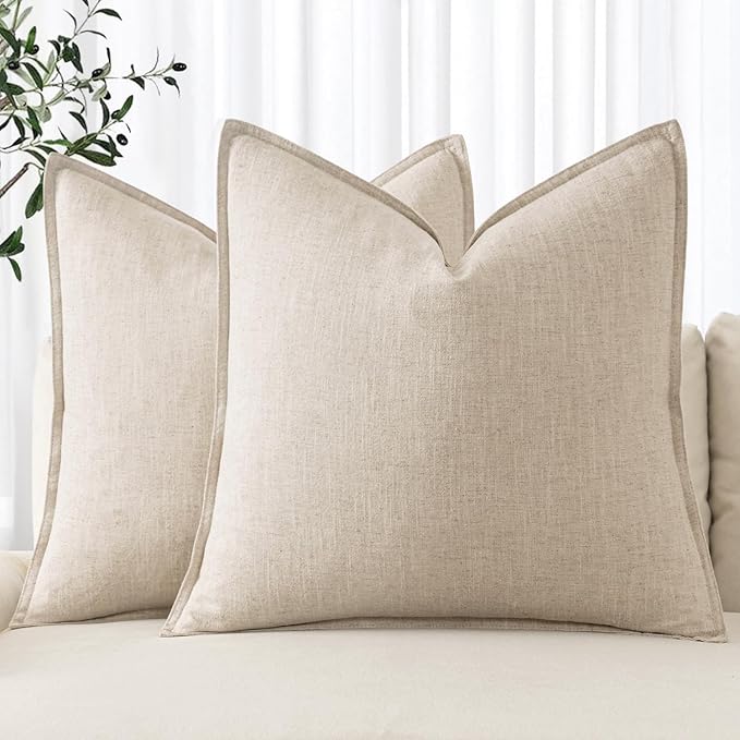 MIULEE Decorative Linen Euro Sham Pillow Covers 22x22 Inch Natural Beige Boho Farmhouse Neutral Christmas Couch Throw Pillows for Bed Pack of 2 Accent Modern Pillowcase Sofa Livingroom Home Decor