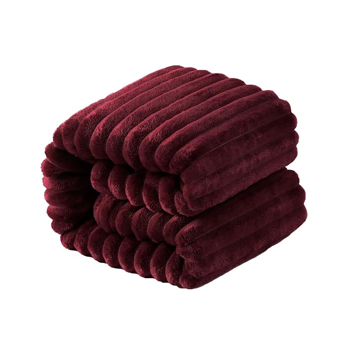 NTBAY Plush Flannel Twin Bed Blanket, 60X80 Inches Soft and Warm Lightweight Blanket with Striped Texture Bed Blanket for Couch Sofa Bed All Seasons, 60"x80", Wine Red
