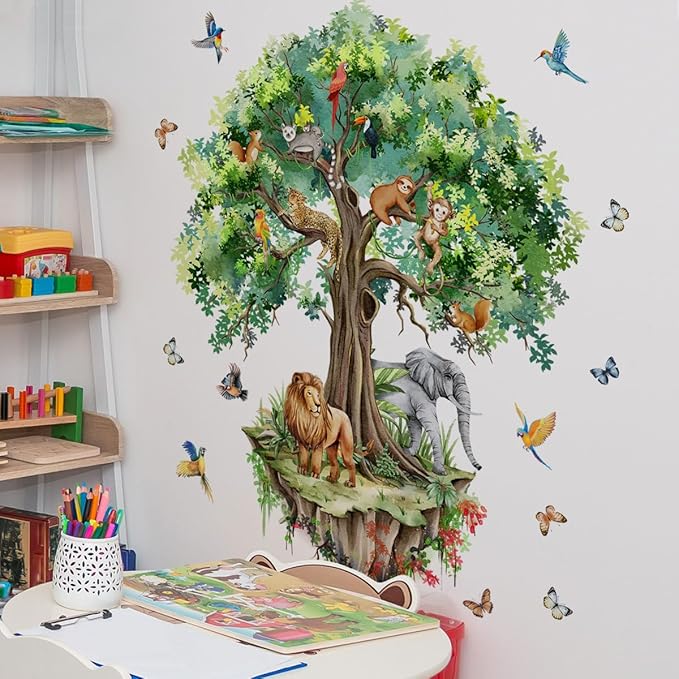 Suspended Tree Wall Decals Jungle Safari Animals Wall Decal Stickers for Kids Bedroom Playroom Nursary Classroom 51.57x48.03 inches