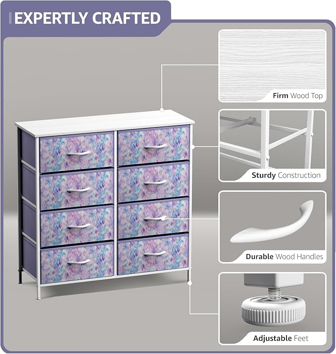 Sorbus Dresser with 8 Drawers - Furniture Storage Chest Tower Unit for Bedroom, Hallway, Closet, Office Organization Steel Frame, Wood Top, Easy Pull Fabric Bins (8-Drawer, Tie-dye Blue/Pink/Purple)