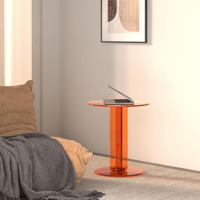 Round Acrylic Side Table, Modern Accent End Table, Minimalist Bedside Night Stand, Small Coffee Tables for Living Room Office Bedroom Indoor Home Decor, Orange