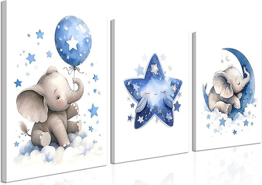 Baby Boy Nursery Canvas Wall Art Set of 3, Blue Elephant Moon and Stars Picture Wall Decor Painting, Cute Animal Baby Girl Nursery Posters Prints for Kids Room Bedroom 16x24 In Framed