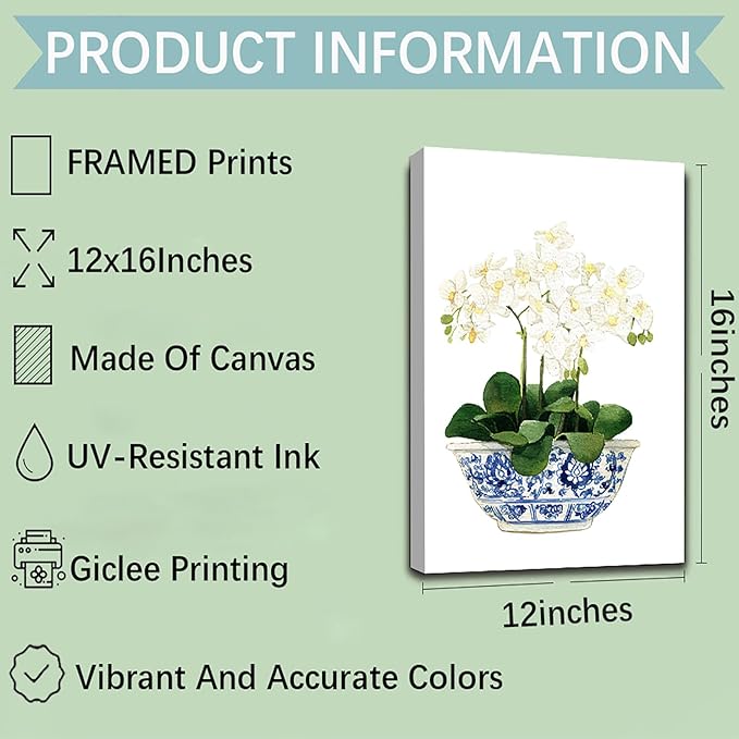LUHDFYS White Orchid & Magnolia Watercolor Art Canvas Blue And White Chinoiserie Wall Art Print Oriental Vase Blue White Willow Style Porcelain Flower Jar Picture Poster Decor Wrapped Canvas