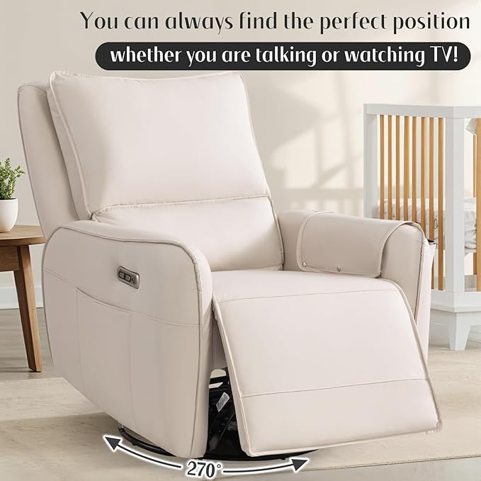 Power Recliner Gliders for Nursery, Electric Swivel Rocker Recliner Chair, Comfy Upholstered Living Room Reclining Rocking Chairs with Lumbar Support (Medium Size 7560, Cream)