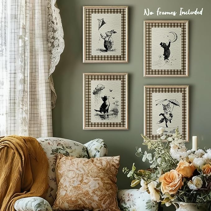 IORAFOUDUO Vintage Cute Animal Nursery Wall Art Decor Prints Unframed Set of 4, Vintage Baby Girl Boy Nursery Decor, Fairytale Cat Bunny Fox Bear Wall Decor for Kids Toddler Room Bedroom Playroom 8x10