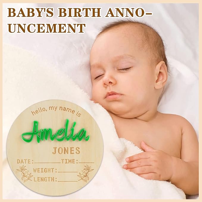 Personalized Baby Announcement Sign Custom Birth Newborn Announcement Sign for Hospital Wooden Baby Name & Footprint Sign Photo Prop Shower Gift (Circle)