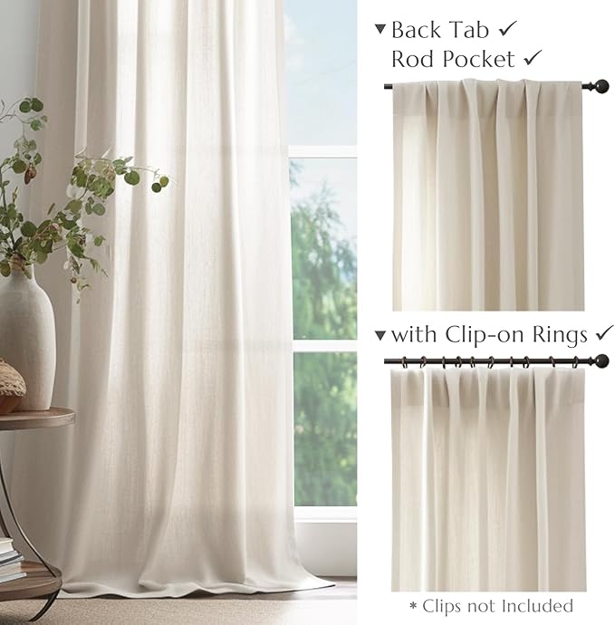 jinchan Beige Linen Blend Curtains 72 Inches Length 2 Panels for Bedroom Living Room, Light Filtering 50 Inches Wide Natural Farmhouse Drapes with Rod Pocket Back Tab (50W x 72L, Ecru)