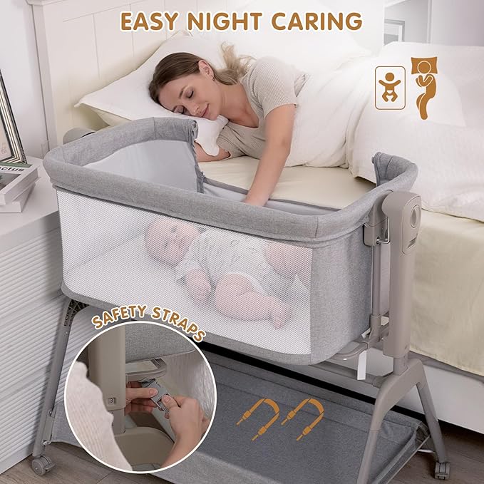 Ezebaby Baby Bassinet Bedside Crib, 3-in-1 Rocking Bassinets Bedside Sleeper with Comfy Mattress and Wheels, 6-Height Adjustable, Stable and Secure Crib for Newborn Infant
