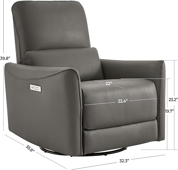 CHITA Power Recliner Chair Swivel Glider, FSC Certified Upholstered Faux Leather Living Room Nursery Reclining Sofa Chair with Lumbar Support, Charcoal
