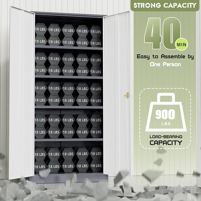 Crownland 72" Metal Storage Cabinet, Lockable Garage Cabinets, High Office Storage Cabinet with Adjustable Shelves for Garage, Home Office, Classroom, Pantry, File(Grey White-Narrow Size)