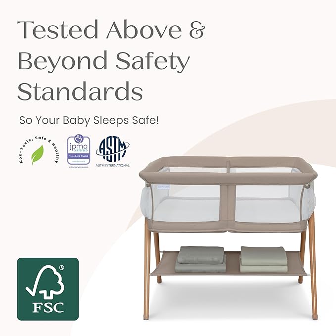 Delta Children Bondi Beechwood Twin Bassinet with PureAir Breathable Mesh Sheet and FSC-Certified Wood, Tan