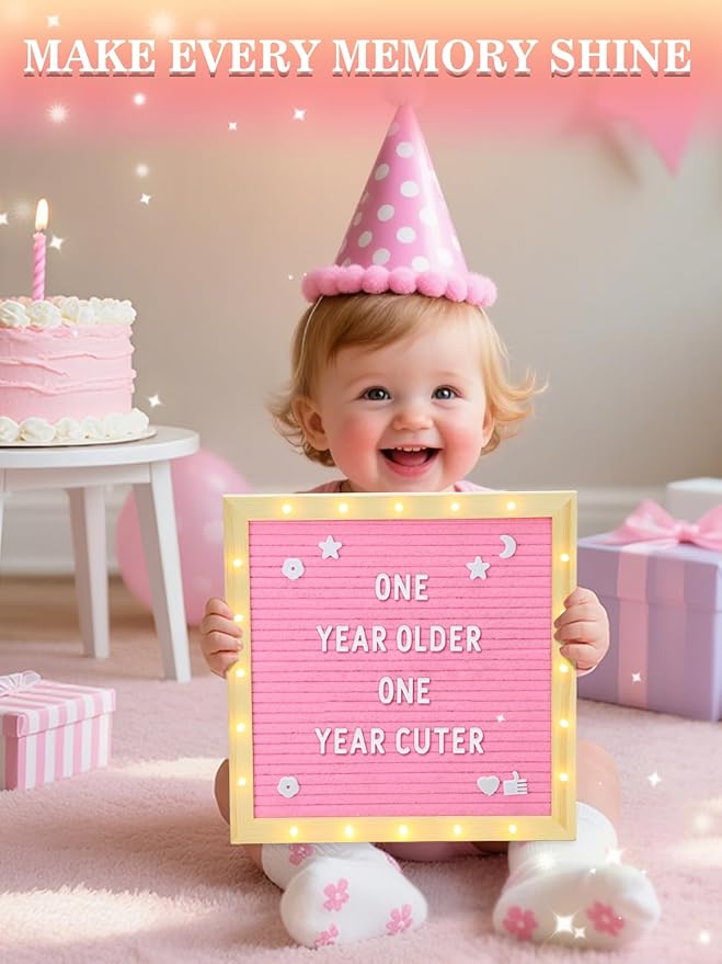 Changeable Felt Letter Board with LED Lights - 10×10" Message Custom Signs & Wood Stand & 450 Letters, Poster Board for Christmas/Pregnancy/Baby Announcement/Baby Shower/Wall Decor Gifts, Pink