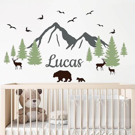 Custom Name Mountains Wall Decal Nursery Boho Theme Nursery Wall Sticker Wall Art Bear Trees Wall Decor Kids Wall