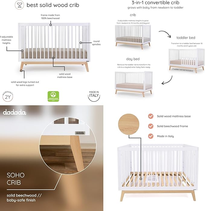 dadada Soho Baby Nursery Furniture Set. Baby Crib and Dresser Set Combo. Soho 3 in 1 Convertible Crib and 5 Drawer Nursery Dresser. White and Natural Beechwood