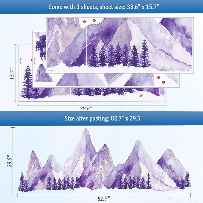 Large Mountain Wall Decals, Purple Pine Tree Peel and Stick Vinyl Wall Stickers & Murals, Removable Home Room Wall Decor for Bedroom Living Room Bedroom Classroom Office Nursery