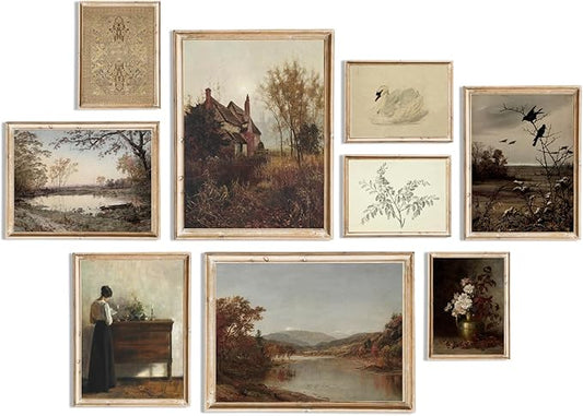 uniro Vintage Wall Art Decor Prints Farmhouse Wall Decor Vintage Fall Autumn Canvas Wall Art Prints Nature Landscape Lakes Swan Botanical Flower Women Painting Poster Rustic Cottagecore Decor Retro