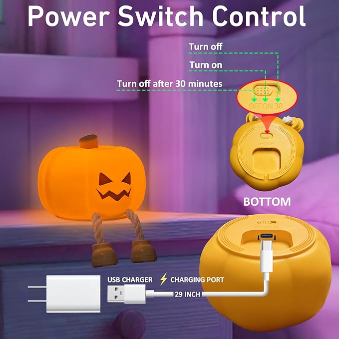 Pumpkin Night Light, Cute LED Night Lamp, Silicone Dimmable Nursery Nightlight for Kids,Silicone Rechargeable Bedside Touch Lamp, Funny Office Desk Halloween Decor for Woman Kids Adults