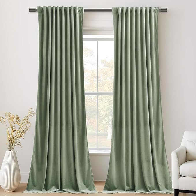 StangH Retro Green Velvet Curtains 84 Inches, Room Darkening Super Soft Drapes with Pleat Tape for Living Room Bedroom, Thermal Insulated Window Treatment, 52 x 84 Inch, 2 Panels