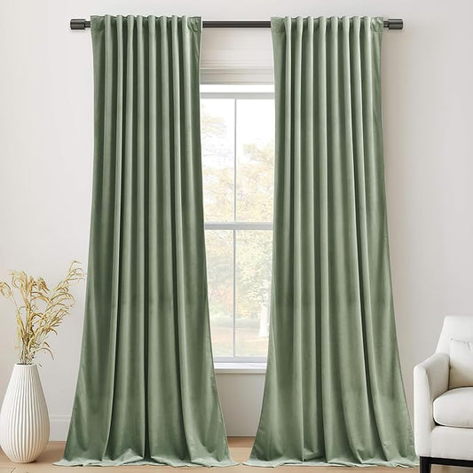 StangH Retro Green Velvet Curtains 84 Inches, Room Darkening Super Soft Drapes with Pleat Tape for Living Room Bedroom, Thermal Insulated Window Treatment, 52 x 84 Inch, 2 Panels