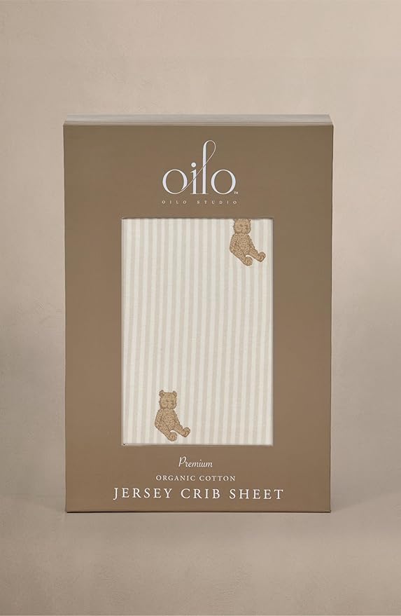 Oilo Crib Sheet, Breathable, Fitted, Organic Cotton Jersey, 300-Thread, Machine Wash, Fits Standard Crib (28" x 52" x 6"), Toddler Bedding, Heirloom Organic Collection, Bear