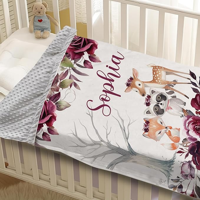 Custom Baby Blanket with Name, Double Layer Soft Dot Back Personalized Baby Blanket for Boys Girls, Woodland Blanket for Newborn Toddler, Customized Swaddle for Kids Birthday Gifts(47" x60)
