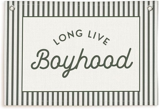 Lacama Vintage Green Long Live Boyhood Boys Room Decor, Boy Nursery Decor, Linen Banner Wall Hanging Canvas Banner Flag Decor for Toddler Boy Room Nursery 30x20 Inch