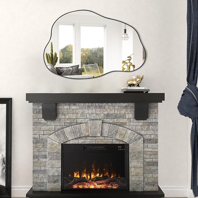 POZINO Asymmetrical Mirror, Black Irregular Mirrors, Cloud Shaped Mirrors, Unique Modern Frameless Mirror for Living Room Bathroom Bedroom Entryway Fireplace,30"x20.5"