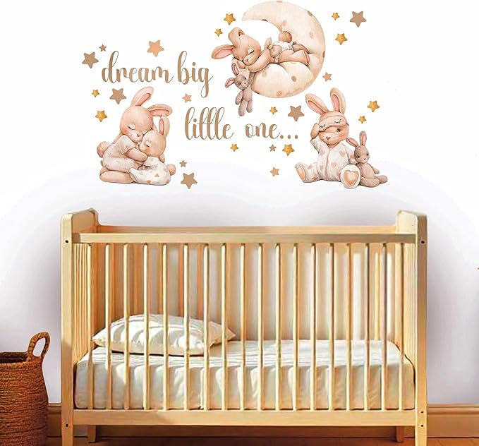 Nursery Wall Stickers, Baby Girl Room Decor, Bunny Wall Decal, Boho Toddler Decor, Beige Peel and Stick Animal Decals for Nursery or Girls Bedroom.