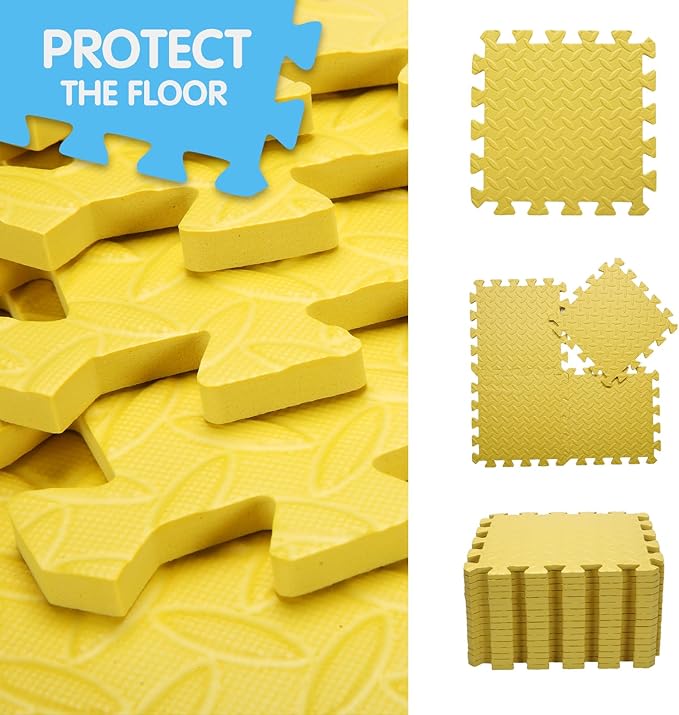 Coolcandy EVA Foam Play Mat, 16 Tiles Colorful Baby Play Mat, Square Kids Playmat with Solid Colored, 0.4" Thickened Interlocking Foam Floor Tiles, Puzzle Play Mat for Baby Lying, Playing (Yellow)