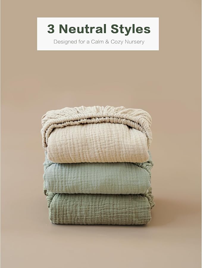 Muslin Bedside Sleeper Bassinet Fitted Sheets, 3 Pack Cotton Baby Sheet for Boys & Girls, Soft, Compatible with Baby Delight, Dream On Me, AMKE and Other Rectangle Mattress (Pistachio)