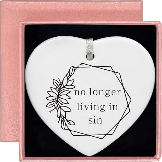 Heart Shaped Christmas Ornament-Funny Engagement Wedding Gift for Bride Newly Engaged Bride to Be Bachelorette Party Anniversary Keepsake No Longer Living in Sin with Gift Box