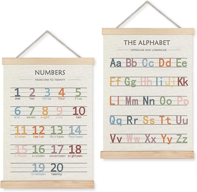 LUVADIAN Boho Classroom Decor - Alphabet Numbers Educational Poster Hanger Frame Set of 2, Nursery Wall Decor, Toddler Learning Posters for Nursery Kids Room Playroom Classroom Decor, 16x24 Inches(Large)
