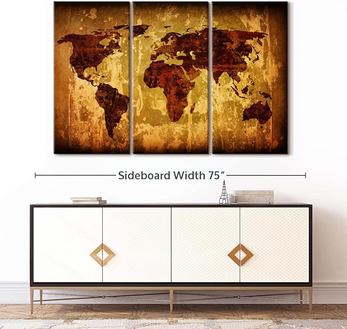 ElephantStock Vintage World Map Wall Art Multi Piece Canvas - 3 Piece Canvas World Map Wall Decor - Ready-to-Hang Print - Vintage Wall Art - 65" X 42"