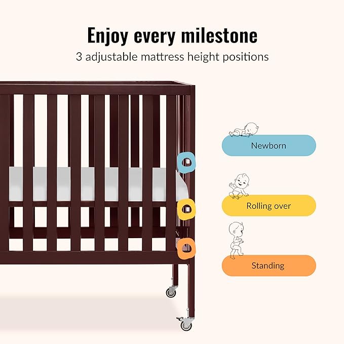 Dream On Me Jett Mini Folding Baby Crib in Espresso, GreenGuard Gold & JPMA, Lightweight & Portable, Patented Flat Folding System for Small Spaces & Travel, 1.5” Mattress Pad, 3 Heights, Safe Wheels