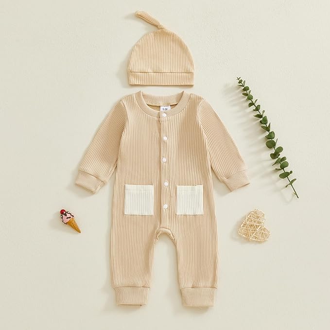 Infant Boys Fall Clothes Newborn Baby Romper Hat Stripe Knit Long Sleeve Bodysuit Jumpsuit Baby Going Home Outfit