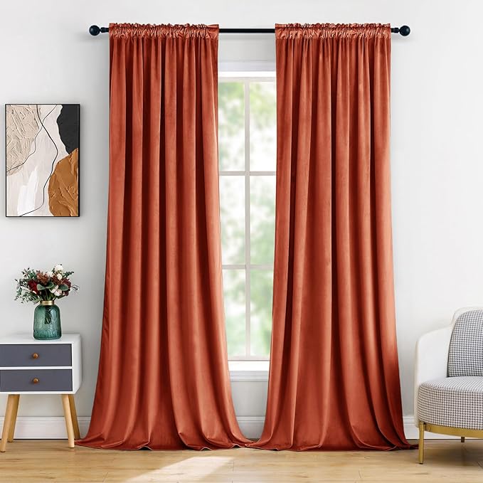MIULEE Burnt Orange Velvet Curtains Thermal Insulated Blackout Curtain Fall Drapes for Bedroom Living Room Darkening 108 Inches Long Rust Terracotta Panels Rod Pocket Set of 2
