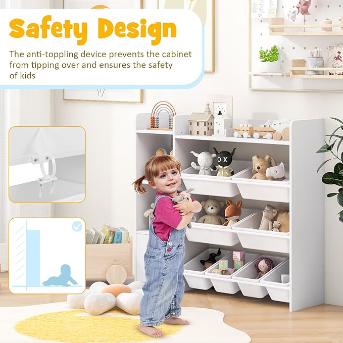 Costzon Kids Toy Storage Organizer, 4-Tier Bookshelf Storage Cabinet w/8 Removable Bins, Preschool Children's Montessori Bookshelf w/Large Cabinet for Playroom, Daycare, Kids Room, Classroom