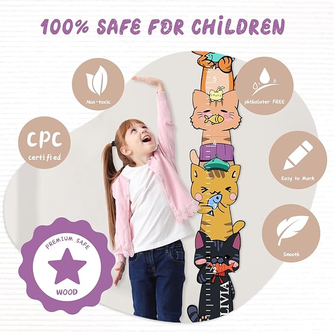 Personalized Name Growth Chart for Kids, Kitten Eating Fish Wooden Height Chart for Wall, Height Measurement for Wall Kids Height Wall Chart Kids Room Nursery Wall Decor