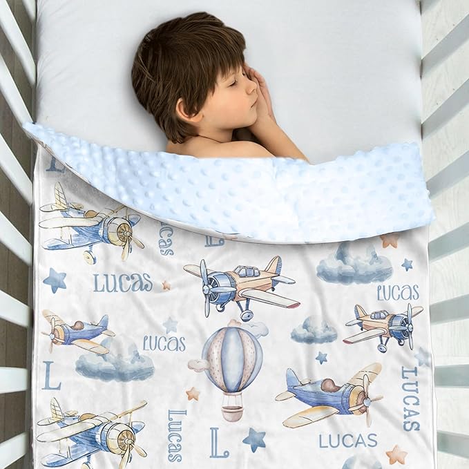 Personalized Baby Blankets for Boys Girls, Custom Name Baby Blanket with Toy Airplane Design, Soft Receiving Blanket for Newborns and Toddlers, Ideal for Baby Showers and Nursery Decor