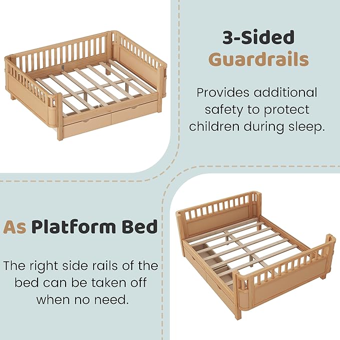 Full Size Kids Bed Frame with Rails, Wood Montessori Bed Full with 2 Storage Drawers &Slats Support, Modern Daybed with Removable Bed Rails for Girls Boys Bedroom Living Room, Natural