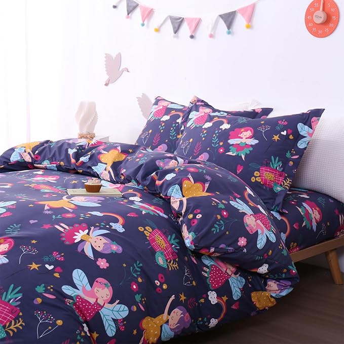 JSD Fairy Floral Kids Duvet Cover Set Full Size, 3 Piece Girls Printed Microfiber Comforter Cover with Pillow Shams Zipper Closure, Comforter Not Included