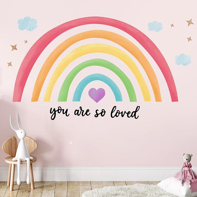 Containlol Rainbow Wall Decals, Playroom Wall Decor for Girl Room, Watercolor Peel and Stick Wallpaper, Boho Wallpaper 30 x 14 Inch Heart Art Stickers for Toddler Bedroom Nursery(Dark Color,Bright)