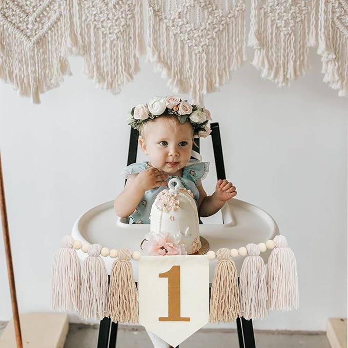 Handmade Boho 1st Birthday High Chair Banner Party Decoration For Girl Baby Shower Wall Hangings Decorative For Kids Bedroom