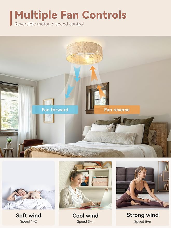 Low Profile Ceiling Fans with Lights, 20" Boho Rattan Ceiling Fan with Light Flush Mount and Remote Control, Drum Caged with 6 Speeds for Bedroom, Nursery, Living Room (Beige)