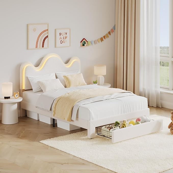 IDEALHOUSE Full Bed Frame with LED Headboard and Under-Bed Drawer, Metal Upholstered Platform Bed with LED Light for Kids, Girls, Lamb Fleece Fabric, Wooden Slats Support, No Box Spring Needed, White