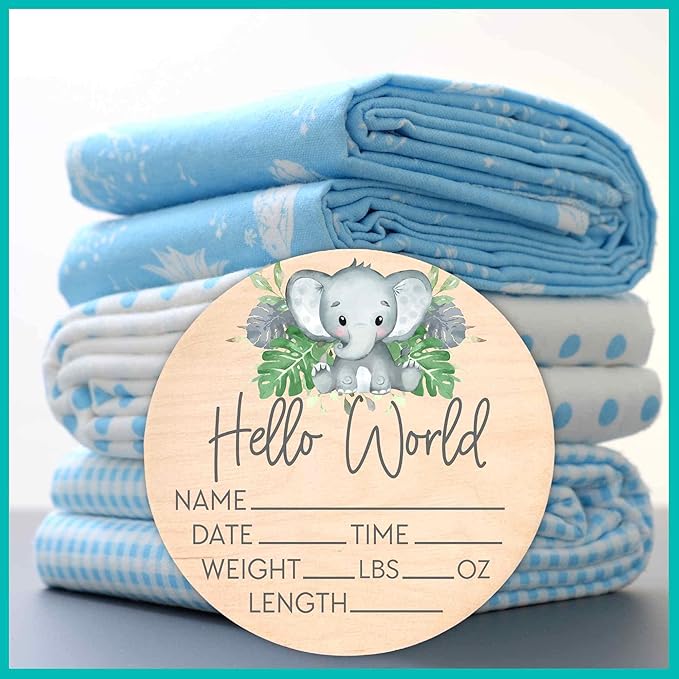Birth Stat Sign for Newborn - Baby Name Announcement - Hello World Elephant Hospital Photography Prop - Jungle Safari